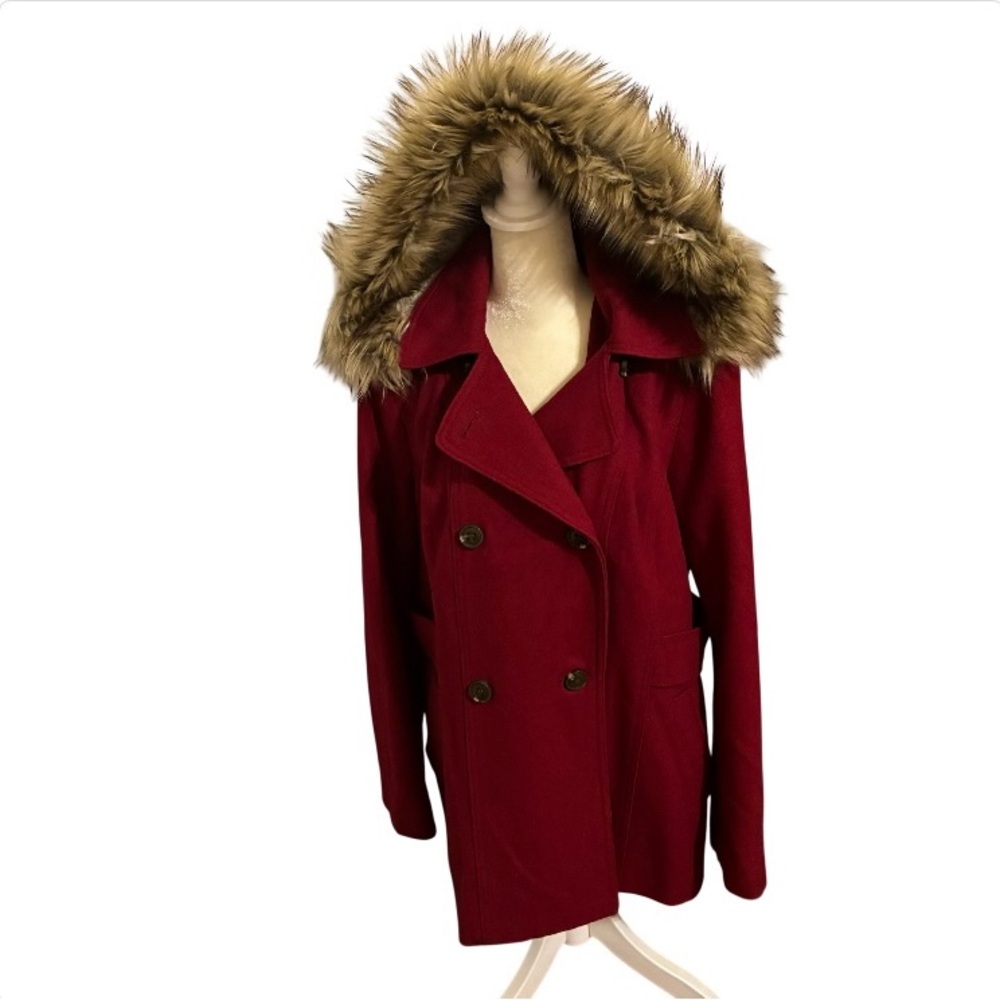 Nautica Wool Blend XL Peacoat Double Breasted Removable Faux Fur Hood Red Y2K